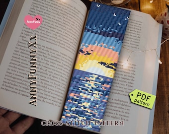 Cross stitch bookmark pattern PDF Bookworm teacher gift Easy needlepoint embroidery patterns PDF Ocean sunrise landscape