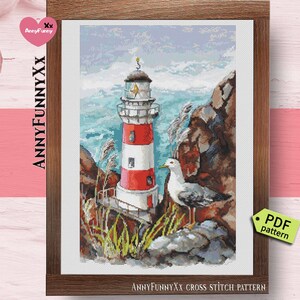 Lighthouse cross stitch pattern PDF Birthday gift for dad Needlepoint chart Watercolor Gifts for boyfriend DIY gift for nanny Decor