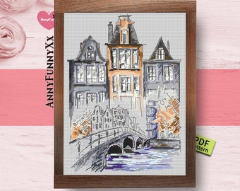 Old town Prague cross stitch  pattern PDF Medieval architecture Czech painting Europe buildings Living room wall art Travel gift ornament