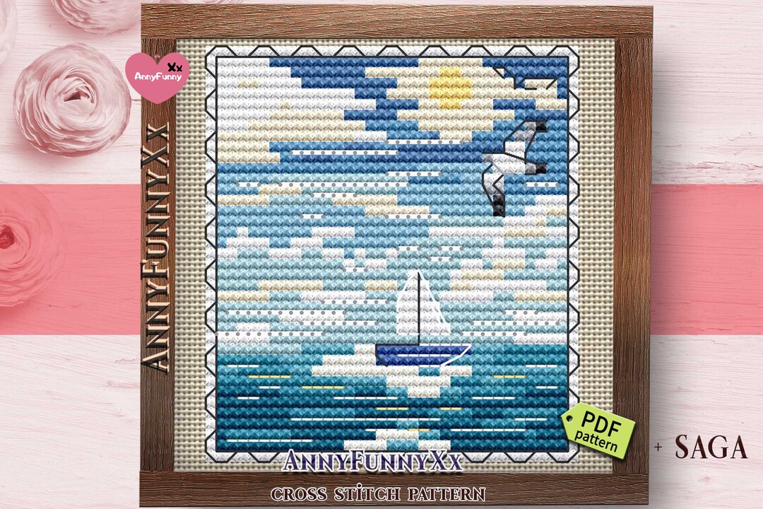 Blue Ocean Cross Stitch Pattern Traveling Seawater Boat Postage Stamp ...