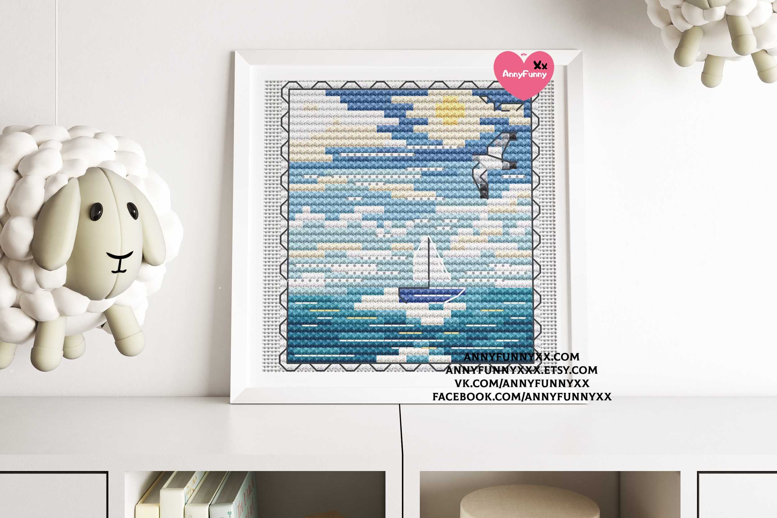 Blue Ocean Cross Stitch Pattern Traveling Seawater Boat Postage Stamp ...