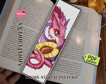 Dragon Bookmark motif de point de croix PDF Version facile Dragons rose Fantasy design Bête fantastique tableau coloré Motifs à l'aiguille