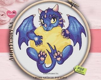 Moon Blue dragon Cross stitch pattern Fantasy magic dragons needlepoint embroidery design Instant download Cute little dragon