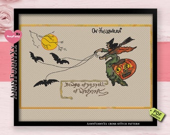 Primitive Halloween cross stitch pattern PDF, witch embroidery design handmade, Vintage style XStitch