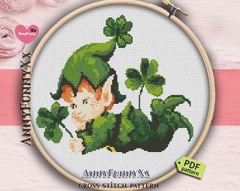 Lucky leprechaun St Patrick day cross stitch patterns Irish gnome Irish blessing Ladybug with Four leaf lucky Shamrock needlepoint design