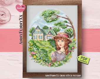 May include: Cross-stitch pattern featuring a detailed landscape with a house, trees, and a woman in a hat. The design is framed in a wooden border. The text "ANNYFUNNYXX CROSS STITCH PATTERN" is visible.