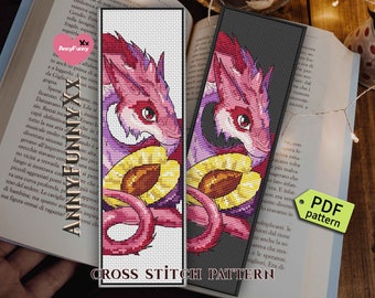 Pink Dragon Bookmark motif de point de croix PDF Plum fantasy dragons broderie design Cadeau pour hommes Fait à la main DIY, Tableau de point d’aiguille pour débutant