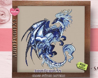 Blue Dragon cross stitch pattern Fantasy magic dragons needlepoint embroidery design Dungeon DIY gift dad Gifts for boyfriend  Easy version