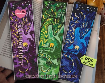 Set of 3 Dragons Bookmark cross stitch pattern PDF Fantasy dragon embroidery design Gift for men Handmade DIY, Beginner needlepoint chart