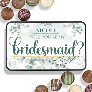Decadent Assorted Chocolate Truffle Collection in a Personalized Will You Be My Bridesmaid Gift Tin, 12 pc., Chocolate Gift, Edible Gift