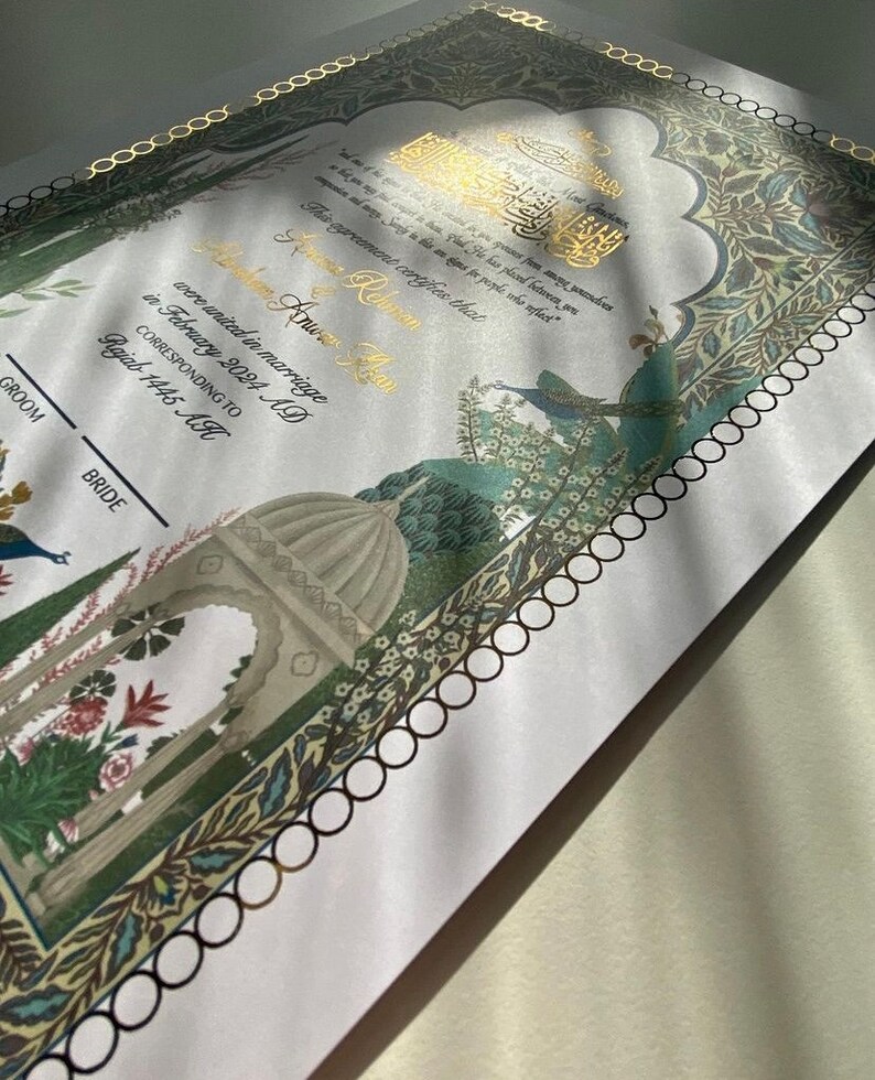 May include: A wedding invitation with a gold border and intricate floral designs. The text reads "were united in marriage in February 2024 AD corresponding to Rajab 1445 AH".