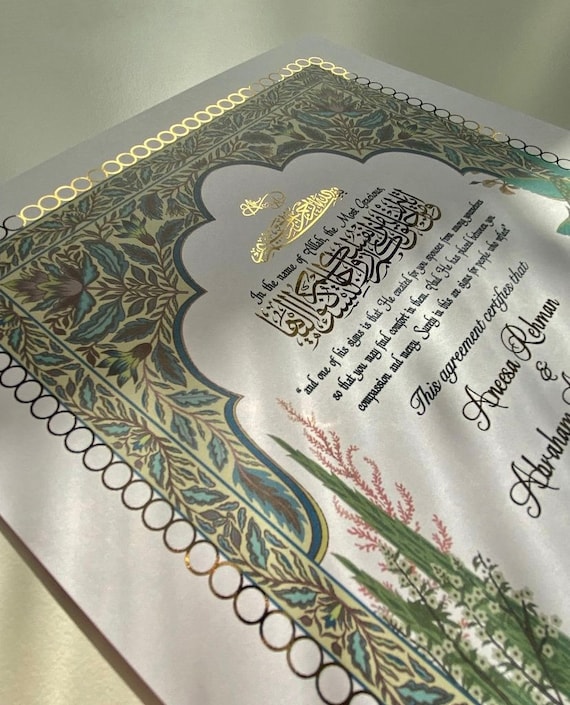Mughal & Peacocks Nikkah Certificate | Foiled A3/A4 Certificate | Nikkah Nama | Indian Style | Nikkah Contract | Islamic Marriage Contract