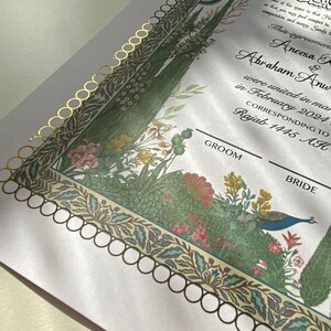 May include: A wedding invitation with a gold border and a floral design. The text reads "Aneesa & Abraham Anwar were united in marriage in February 2024, corresponding to Rajab 1445 AH."