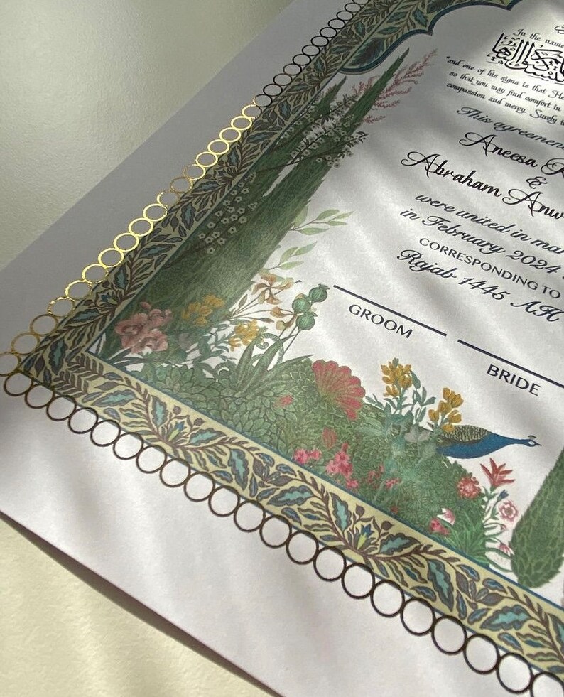 May include: A wedding invitation with a gold border and a floral design. The text reads "Aneesa & Abraham Anwar were united in marriage in February 2024, corresponding to Rajab 1445 AH."