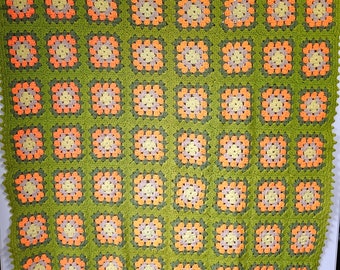 Beautiful Vintage 1970s Avocado Green/Orange/Yellow Granny Square Hand Crochet Afghan/Blanket/Throw!