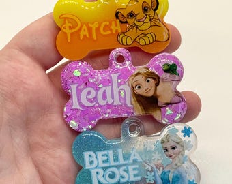 Custom Character | Resin Dog Tag | Handmade ID Collar Charm | Personalised Pet Name | Puppy Pack Accessories | New Owner Gift | Disney
