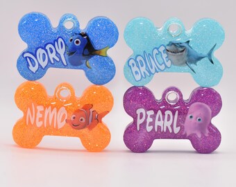 Nemo Dory Bruce Pearl  | Resin Dog Tag | Handmade ID Collar Charm | Personalised Pet Name | Puppy Pack Accessories | New Owner Gift