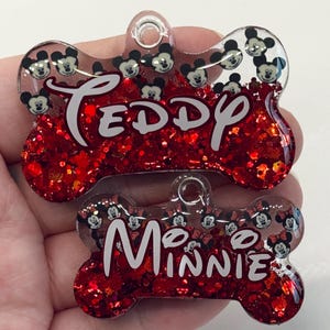Minnie + Mickey Mouse | Resin Dog Tag | Handmade ID Collar Charm | Personalised Pet Name | Puppy Pack Accessories | New Owner Gift | Disney