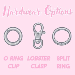 Puede incluir: Imagen de opciones de hardware sobre un fondo rosa. La imagen presenta un clip de anillo en O, un cierre de langosta y un anillo partido. El texto "Hardware Options" est&aacute; en la parte superior, con los nombres del hardware debajo.