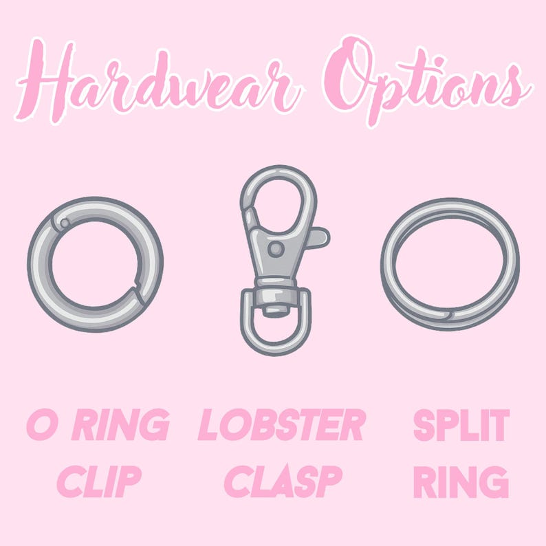 Puede incluir: Imagen de opciones de hardware sobre un fondo rosa. La imagen presenta un clip de anillo en O, un cierre de langosta y un anillo partido. El texto "Hardware Options" est&aacute; en la parte superior, con los nombres del hardware debajo.
