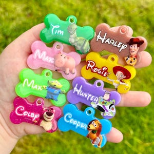 Toy Story | Resin Dog Tag | Handmade ID Collar Charm | Personalised Pet Name | Puppy Pack Accessories | New Owner Gift | Woody Buzz Slinky