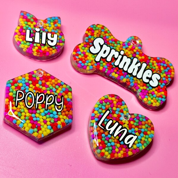 Sprinkles | Resin Dog Tag | Handmade ID Collar Charm | Personalised Pet Name | Puppy Pack Accessories | New Owner Gift | Cute | Colourful