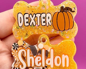 Halloween Pumpkin| Resin Dog Tag | Handmade ID Collar Charm | Personalised Pet Name | Puppy Pack Accessories | New Owner Gift | Autumn