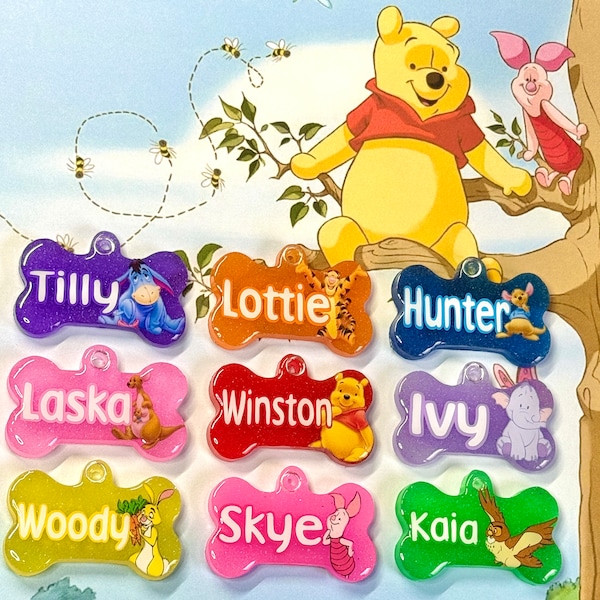 Winnie The Pooh | Resin Dog Tag | Handmade ID Collar Charm | Personalised Pet Name | Puppy Pack Accessories | New Owner Gift | Disney
