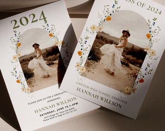 Minimalist Graduation Announcement, Wildflower Graduation Party Invitation Template, Boho Graduation Invite, Photo Graduation Invitation