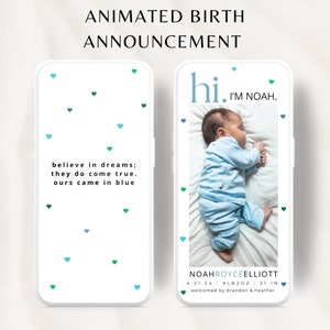 Baby-Ankündigung animiertes digitales Video, Geburtsankündigung, elektronische Baby-Ankündigung, Videovorlage, anpassbare Anzeige