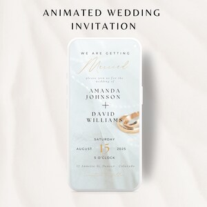 May include: A digital wedding invitation on a smartphone screen with a blue background and gold rings. The invitation reads "We are getting married" and includes the names Amanda Johnson and David Williams, the date August 15, 2025, and the time 5 o'clock. The location is 12 Annette St., Denver, Colorado.