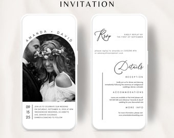 May include: Black and white wedding invitation featuring a photograph of a couple within a black and white archway. The invitation details the couple's names, wedding date, time, location, and RSVP instructions.