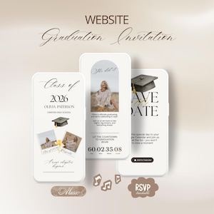 May include: A digital graduation invitation design featuring three smartphone mockups. The design includes text such as "Class of 2026," "Olivia Paterson," and "Save the Date." Additional elements include a graduation cap graphic and the text "RSVP trackable."