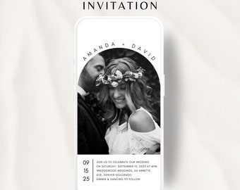 May include: A black and white wedding invitation displayed on a smartphone screen. The invitation features a photograph of a couple in black and white, with the text "Amanda + David" in a circle above the photo. The invitation also includes the date and time of the wedding, the venue, and the reception details.