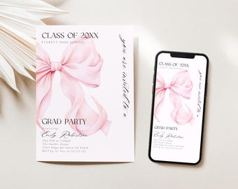 Invitación de graduación con lazo rosa Anuncio de graduación digital Invitación a fiesta de graduación Invitación de graduación moderna Rosa ruborizado Elegante coqueta rosa