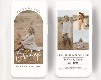 May include: Animated graduation invitation featuring a photograph of a person wearing a white dress and a brown hat. The text reads "Class of 2025", "Graduate", "Hannah Willson", "Come Celebrate with Us!", "May 18, 2025", "At 4PM", "The Clark Residence", "333 Juniper Road, Santa Barbara, CA", and "Watch It".