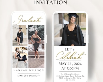 Gold Graduation Invitation Template 2024, College Graduation Announcement, Modern Phone Invite Invite Text Message Grad Party Animated Video