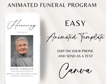 Plantilla de programa funerario mínimo animado, programa conmemorativo, plantilla de servicio conmemorativo editable, celebración de la vida, funeral imprimible