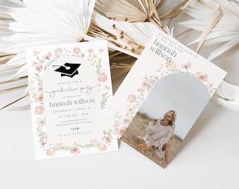 Minimalist Graduation Announcement, Wildflower Graduation Party Invitation Template, Boho Graduation Invite, Photo Graduation Invitation