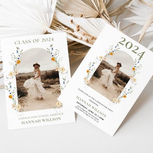 Minimalist Graduation Announcement, Wildflower Graduation Party Invitation Template, Boho Graduation Invite, Photo Graduation Invitation