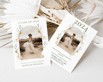 Minimalistische Abschlussansage, Wildblumen-Abschlussfeier-Einladungsvorlage, Boho-Abschlusseinladung, Foto-Abschlusseinladung