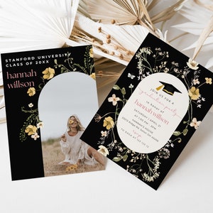 Minimalist Graduation Announcement, Wildflower Graduation Party Invitation Template, Boho Graduation Invite, Photo Graduation Invitation