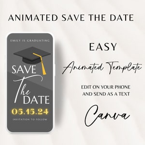 Gold Graduation Save the Date Template, Save the Date Text message, Canva Template, Animated Save the Date, Graduation Party Template