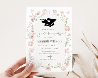 Minimalist Graduation Announcement, Wildflower Graduation Party Invitation Template, Boho Graduation Invite, Photo Graduation Invitation