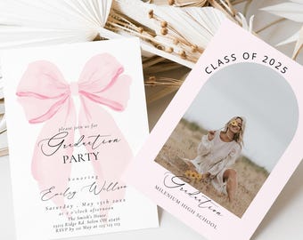 Pink Bow Graduation Invite Digital Graduation Announcement Grad Party Photo Invite  Modern Graduate Invite Blush Pink Elegant Pink Coquette