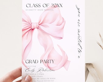 Invitación de graduación con lazo rosa Anuncio de graduación digital Invitación a fiesta de graduación Invitación de graduación moderna Rosa ruborizado Elegante coqueta rosa