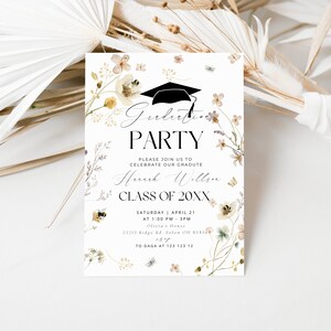 Minimalist Graduation Announcement, Wildflower Graduation Party Invitation Template, Boho Graduation Invite, Master Graduation Invitation