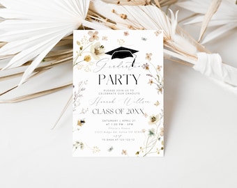 Minimalist Graduation Announcement, Wildflower Graduation Party Invitation Template, Boho Graduation Invite, Master Graduation Invitation