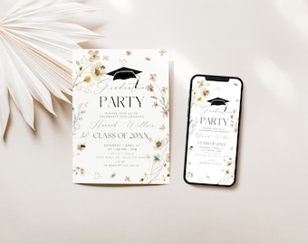 Minimalist Graduation Announcement, Wildflower Graduation Party Invitation Template, Boho Graduation Invite, Master Graduation Invitation