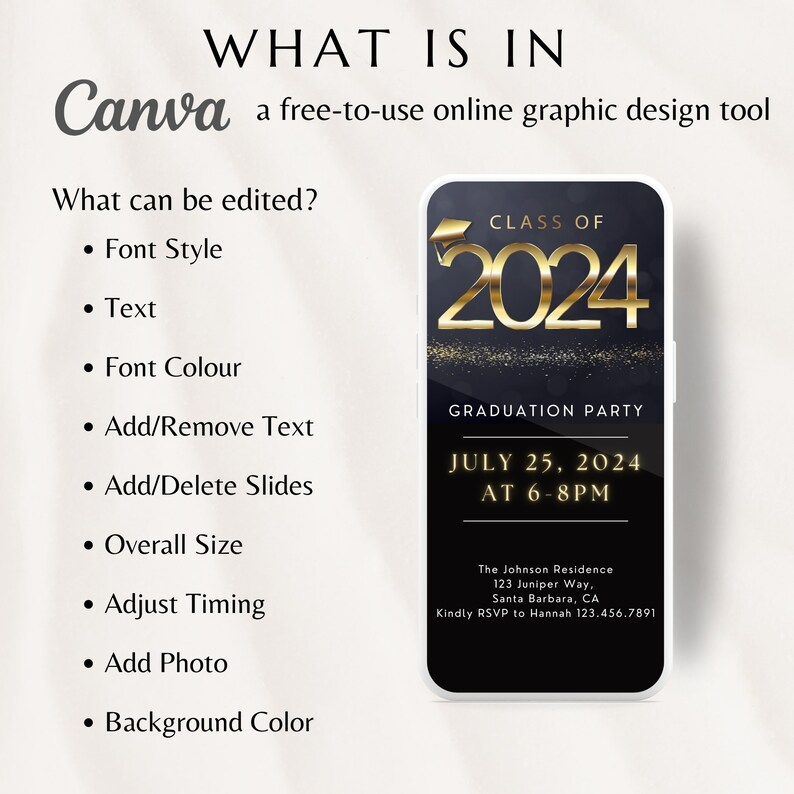Graduation Party Invitation 2024, Instant Download, Phone Invite Canva
